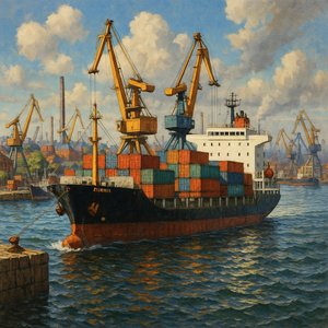 Cargo Ship in Industrial Harbor