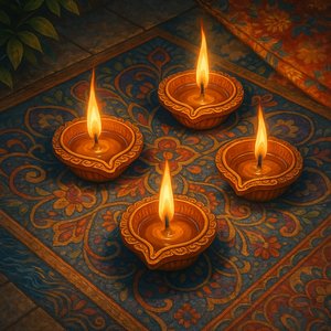 Glowing Diyas on Intricate Floor