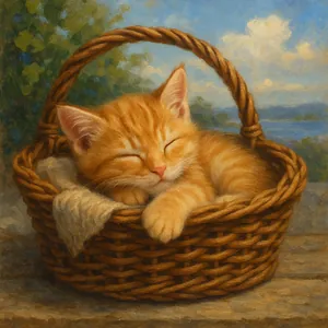 Sleeping Kitten in Wicker Basket
