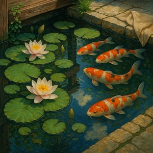 Tranquil Pond with Koi and Lilies