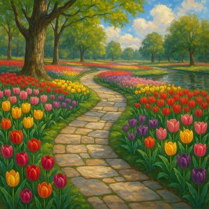 Vibrant Tulip Garden Path