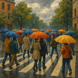 Vibrant Umbrellas at a Busy Crosswalk