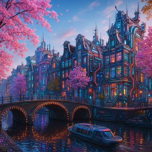 Futuristic Amsterdam Canals in Spring