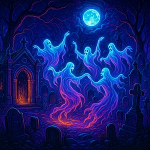 Futuristic Ghosts Dancing in a Graveyard