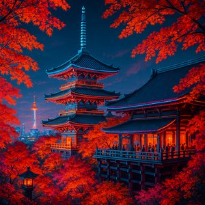 Futuristic Kyoto Temple in Autumn