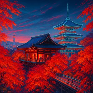 Futuristic Kyoto Temple in Autumn