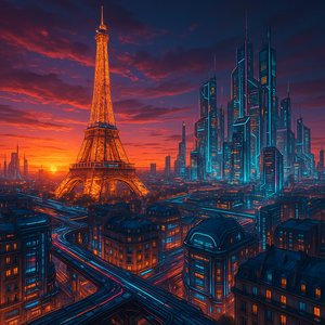 París futurista al atardecer