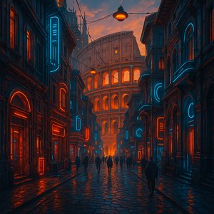 Futuristic Rome Streets at Golden Hour
