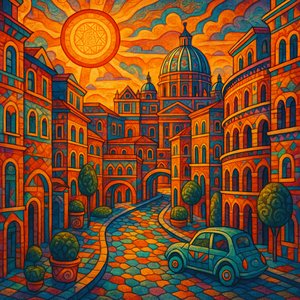 Imaginative Pop-Surrealism of Rome Streets at Golden Hour