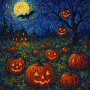 Impressionist Halloween Pumpkin Patch at Midnight