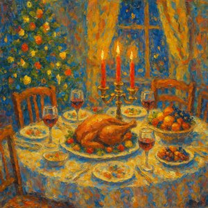 Impressionist Painting of Christmas Eve Dinner Table