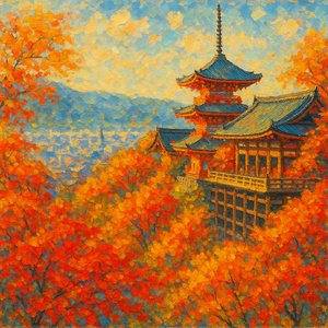 Impressionist Painting of Kyoto Temple in Autumn