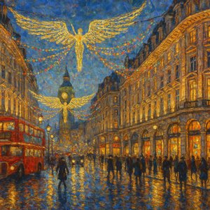 Impressionistisches Gemälde von Londons Weihnachtslichtern