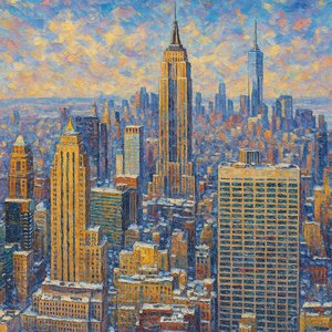 Pintura impresionista del horizonte invernal de Nueva York