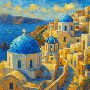 Impressionist Painting of Santorini Blue Domes