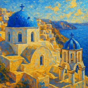 Impressionist Painting of Santorini Blue Domes
