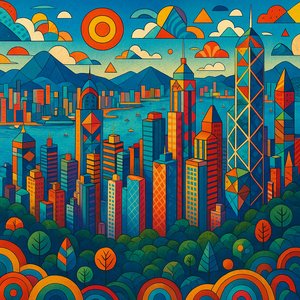 Pop-Surrealist Hong Kong Skyline