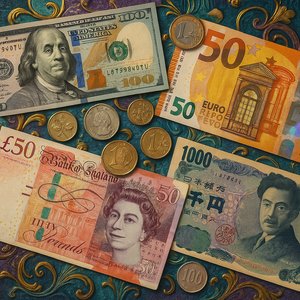 Arcane Treasury — World Currencies Flatlay