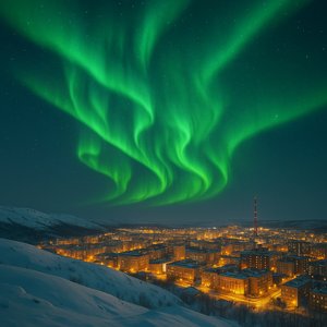 Aurora Over Murmansk: Green Curtains Above a Snowy City