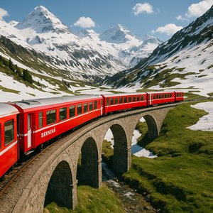 Bernina Express ข้ามสะพานทางรถไฟในเทือกเขาแอลป์
