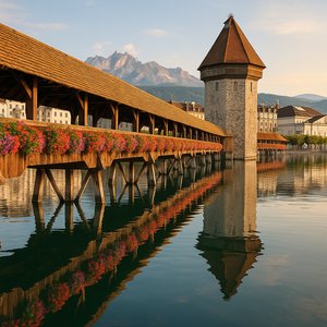 Chapel Bridge at Dawn — Lucerne's Golden Reflection