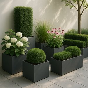 Contemporary Patio Garden with Metal Planters