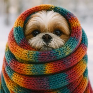 Cozy Pup in a Rainbow Scarf