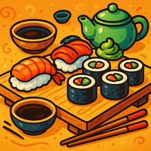 Cozy Sushi Board Delight (Cartoon)