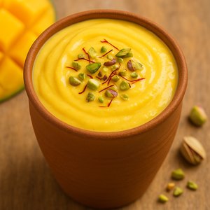 Creamy Mango Lassi in Clay Cup with Saffron & Pistachios