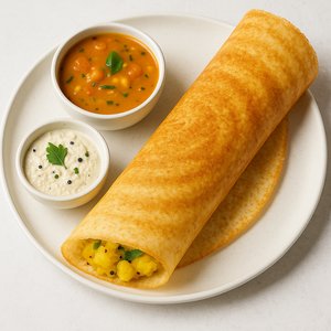 Crispy Masala Dosa with Coconut Chutney & Sambar