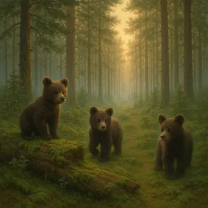 Dawn Walk Three Bear Cubs in a Misty Pinewood