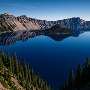 Deep-Blue Crater Lake with Wizard Island Reflection