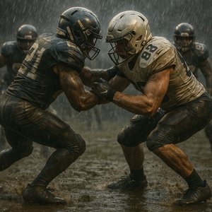 Downpour Clash: Rain-Soaked Line of Scrimmage