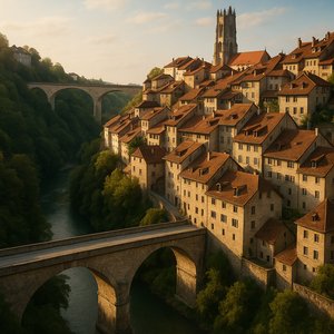 Fribourg Over the Valley — Warm Light on Medieval Bridges and Stone Houses