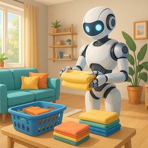 Gentle Helper: Folding Robot in a Cozy Living Room