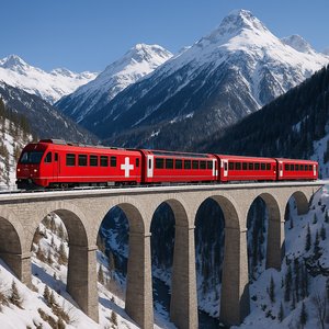 Glacier Express ข้ามสะพานในเทือกเขาแอลป์