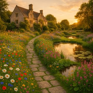 Golden-Hour Cottage Garden Path