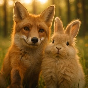 Golden Meadow Selfie: Fox & Fluffy Rabbit