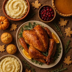 Golden Roast Turkey Thanksgiving Feast — Top‑Down Holiday Spread