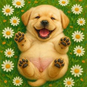 Happy Labrador Puppy in a Daisy Meadow