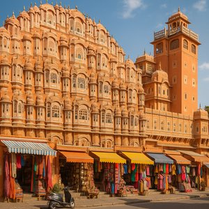 Hawa Mahal Facade and Colorful Market, Jaipur