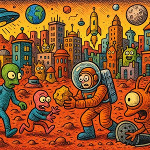 Humorous Urban Scene on Mars