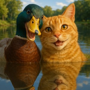 Lake Selfie: Duck & Cat in Sunlit Reflection