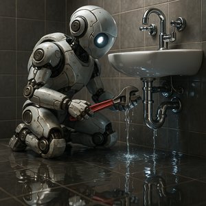 Maintenance Bot Repairing Leaking Bathroom Sink