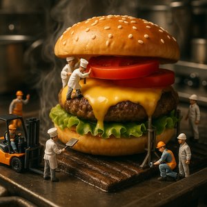 Miniature Crew Assembles Giant Burger