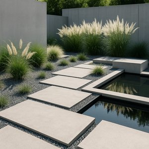Minimalist Garden with Concrete Stepping Slabs and Reflecting Pool
