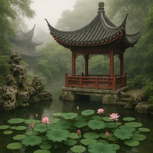 Misty Lotus Pavilion in a Classical Chinese Garden