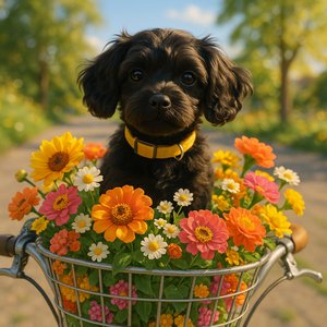 Morning Ride: Puppy in a Flower-Filled Bike Basket