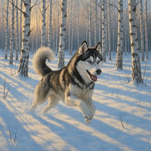 Morning Run: Siberian Husky in a Birch Snowfield