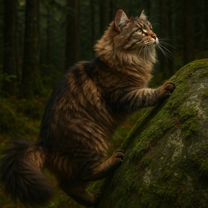 Mossy Ascent — Norwegian Forest Cat in the Deep Woods